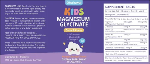 Vista 9 de Gotas líquidas de glicinato de magnesio para niños, magnesio para niños con L-teanina, omega-3, vitamina D3 K2, zinc para dormir, calma, relajación