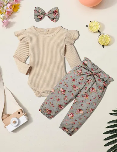 Vista 6 de KANGKANG Ropa de bebé recién nacida, mameluco acanalado con mangas con volantes + pantalones florales + diadema lindo traje de bebé niña 3 piezas