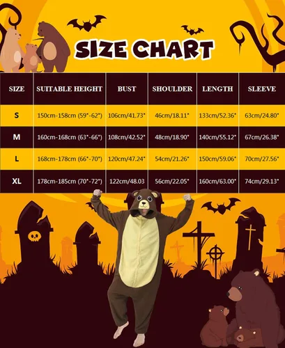 Vista 4 de Oiziuzio Disfraz de oso para adultos, pijama unisex de oso de animales, para Halloween, cosplay, ropa de dormir, para el hogar, color marrón