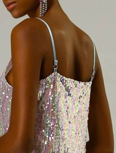 Vista 2 de Allegra K Vestido corto con lentejuelas, tirantes delgados, brillantina y cuello en V para mujer, fiesta, club y Halloween