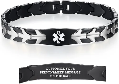 Vista 12 de LinnaLove Pulseras de alerta médica de pez volador para hombres y mujeres, pulseras médicas de acero inoxidable con grabado gratis, 8.5 pulgadas