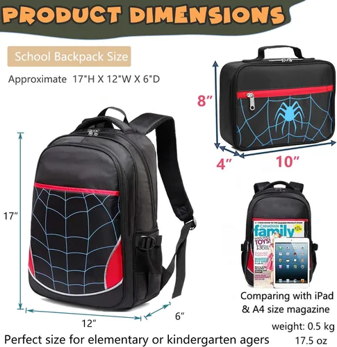 Vista 2 de BLUEFAIRY Mochila para niños, bolsas escolares para niños, Set 6 arañas negras