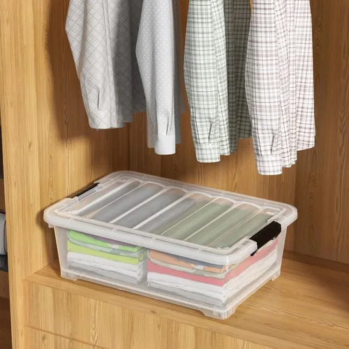 Vista 5 de 4 paquetes de contenedores de plástico transparente de 20 L para debajo de la cama con tapas y ruedas, bolsas de almacenamiento de plástico