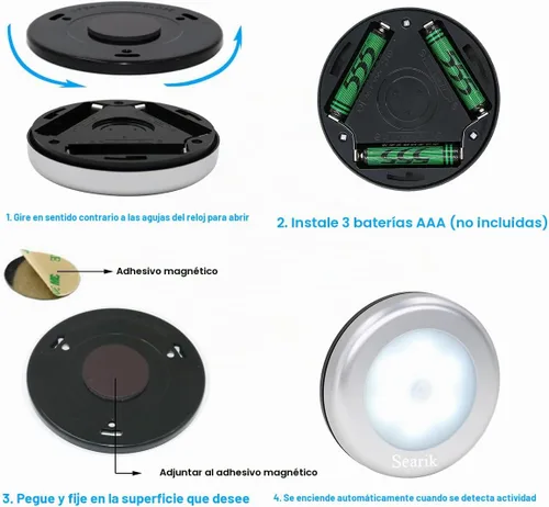 Vista 3 de Searik Paquete de 6 Luces con Sensor de Movimiento para Interiores, Magnéticas Inalámbricas con Batería, Luz Nocturna LED para Escalones, Escaleras