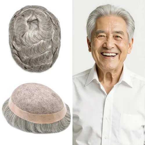 Vista 101 de Mens Toupee Hair Piece Real Human Hair Fine Mono Toupee para hombres Sistema de reemplazo de cabello para hombre Postizo Protesis Capilar Para