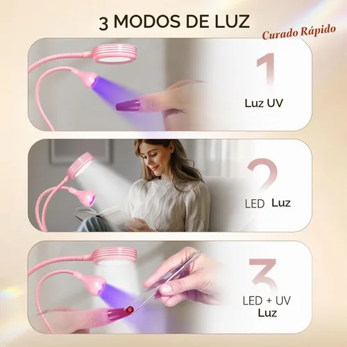 Vista 6 de AORAEM Lámpara de uñas LED UV, luz de curación flash de doble cabeza, rosa Luz de curado para uñas de gel con cuello de cisne portátil