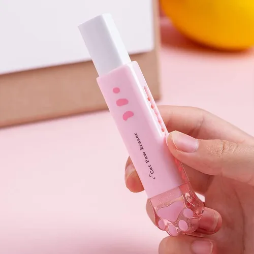 Vista 3 de 4 piezas de borradores retráctiles en forma de pata de gato Kawaii Cutecore Push-Pull de goma para estudiantes, suministros escolares estéticos