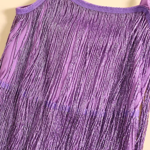 Vista 4 de WALLARENEAR Vestido de lentejuelas para niños, vestido sin mangas con borlas brillantes, vestido de baile latino para fiesta, vestido de baile