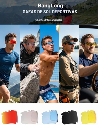 Vista 2 de BangLong Polarized UV400 Sports Sunglasses with 5 Lenses for Men Women TR90 Flexible Frame, 5 Interchangeable Lens with RX Insert, 0.9oz Sports