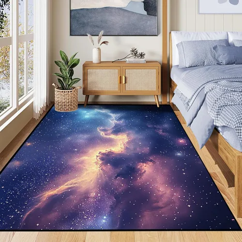 Vista 3 de Alfombra galaxia de 2 x 3 pies para habitación de niños, alfombra de cielo estrellado de pelo bajo, antideslizante, lavable, alfombra nebulosa