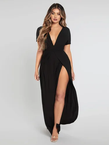 Vista 5 de Vestidos de verano para mujer, cuello pronunciado y abertura en el muslo, vestido largo negro para fiesta casual y trabajo