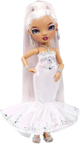 Vista 2 de Muñeca Roxie Rainbow High de edición navideña 2022 con pelo multicolor y vestido iridiscente, gran regalo