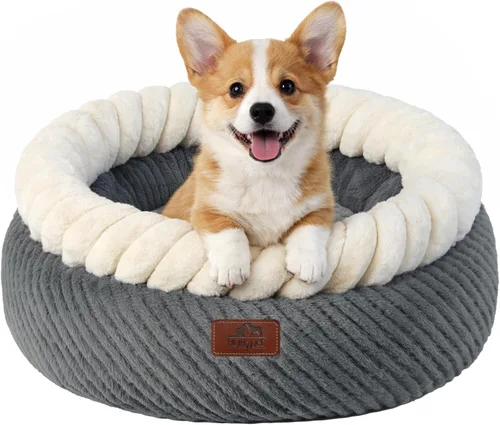 Vista 2 de Hollypet Cama redonda para gatos, camas pequeñas para perros con cojín Gris y Blanco