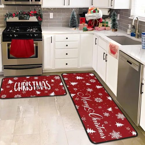 Vista 5 de Juego de 2 alfombras y tapetes de cocina de Navidad, decoraciones navideñas para el hogar, parte trasera antideslizante, tapete de cocina de Copo