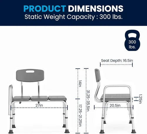 Vista 9 de Flash Furniture HERCULES Series - Banco de transferencia de baño y ducha gris ajustable con capacidad de 300 libras con respaldo y brazo lateral