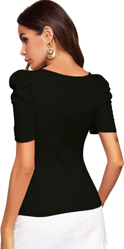 Vista 2 de WDIRARA - Camiseta elegante para mujer, con manga corta abombada y cuello cuadrado