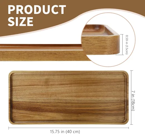Vista 2 de 1 pieza 15.7" x 7" Bandeja grande de madera maciza de acacia sólida rectangular Bandeja de servir de madera natural para bar, café, fiesta