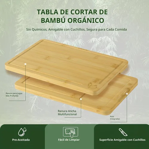 Vista 4 de BAMBANG Juego de tablas de cortar de bambú, tablas de cortar de madera de 3 piezas para cocina, bloque de carnicero no tóxico con ranura para jugo