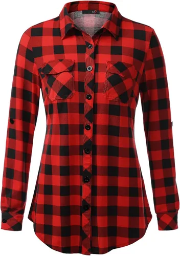Vista 2 de DJT - Blusa tipo camisa a cuadros para mujer con botones y manga larga arremangada y cuello abotonado
