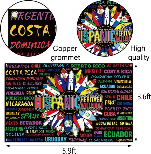 Vista 3 de Sunwer Decoración del Mes Nacional de la Herencia Hispana, telón de fondo para cabina de fotos Latino 21 Países Banderas Español Girasol Escuela