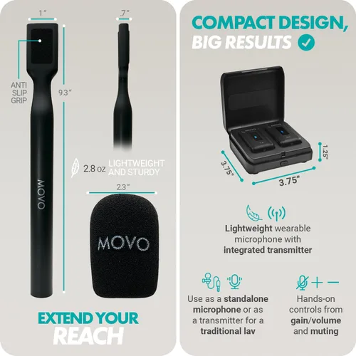 Vista 3 de Movo WMX-2 Micrófono de solapa inalámbrico Lavalier con estuche de carga y adaptador de mano WMX-HM - Micrófono Lav, micrófono de solapa de 2.4 GHz