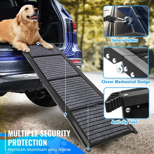 Vista 3 de Rampa plegable para perros para automóviles, rampa grande para perros de 63 x 17 pulgadas para SUV y camión, superficie antideslizante y mango