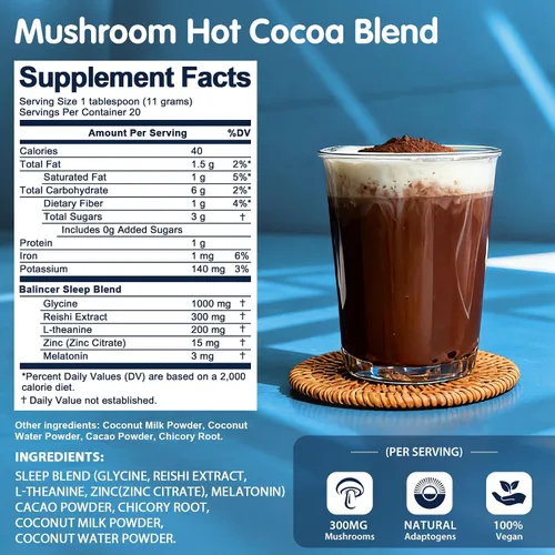 Vista 2 de Balincer Cacao caliente en polvo de hongos, suplemento para dormir con hongo Reishi, melatonina, glicina, cacao, L-teanina, achicoria, ayuda a