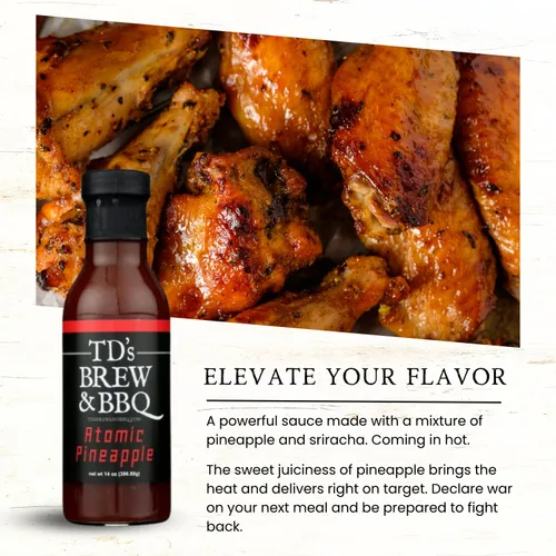 Vista 7 de TD's Brew & BBQ "ATOMIC PINEAPPLE" Salsa/tds brew y barbacoa/piña/chile/salsa de barbacoa/salteado/dulce y picante
