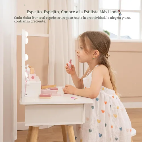 Vista 7 de Leeshyah Juego de Tocador para Niñas con Espejo de Luz de 3 Colores con Botón Táctil, Mesa de Maquillaje de Madera de Juego de Simulación con 11