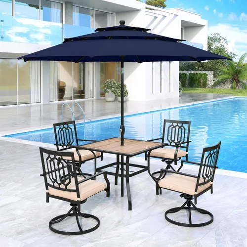 Vista 46 de MFSTUDIO Juego de mesa de comedor para patio al aire libre con paraguas, 4 sillas giratorias y 1 x 37 cuadrado Bistro forjado Iorn Slat mesa grande