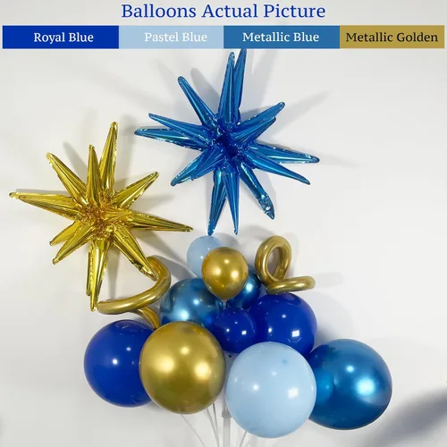 Vista 3 de Kit de guirnalda de arco de globos de oro azul con globos de estrella para decoración temática de superhéroes, decoración de cumpleaños para niños