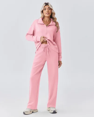 Vista 3 de PINSPARK Conjunto de 2 piezas para mujer con cremallera de 12, sudadera de ajuste holgado, pantalones de pierna recta, traje a juego para otoño