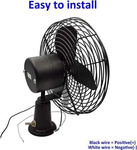 Vista 4 de Ventilador de metal resistente de 12 V, aspas de ventilador de 8 pulgadas con acabado negro e interruptor de 2 velocidades, ventilador eléctrico