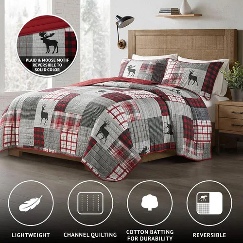 Vista 4 de Woolrich Juego de edredón reversible – Estilo cabaña invertido a color sólido, colcha ligera para todas las estaciones, capa de ropa de cama