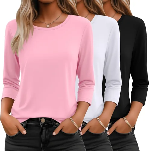 Vista 26 de Ficerd Paquete de 3 camisetas de manga 3/4 para mujer, cuello redondo, camisetas básicas elegantes, casuales, modernas, holgadas