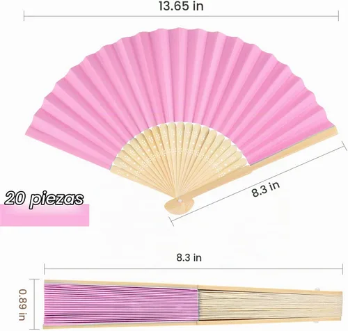 Vista 2 de FEPITO Ventilador de papel rosa de mano de 20 piezas Abanicos plegables de papel con bambúes para regalo de boda, fiesta, hogar