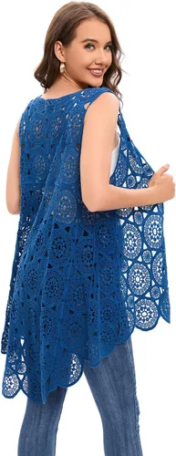Vista 5 de Chaleco de encaje de ganchillo para mujer, estilo bohemio, sin mangas, kimono con dobladillo irregular