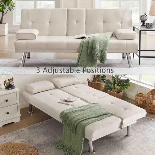 Vista 4 de Sofá cama futón tapizado de lino 100% tela con 2 portavasos/patas/reposabrazos extraíbles, sofá cama convertible moderno, sofá biplaza tapizado
