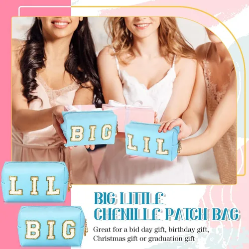 Vista 6 de Hillban 2 piezas Big Little Sorority Gifts Preppy Bolsa de cosméticos de piel sintética con parche de letras, bolsa de maquillaje portátil con bolsa