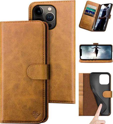 Vista 14 de DuckSky Funda tipo cartera de piel auténtica para iPhone 14 Pro Max de 6.7 pulgadas. Bloqueo RFID. 4 tarjeteros de crédito. 【Cuero auténtico】 Funda