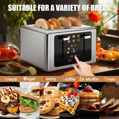 Vista 4 de WUNLY Tostadora de 4 rebanadas, pantalla táctil y panel de control independiente dual, 5 funciones básicas y tostadoras con cuenta regresiva Plateado