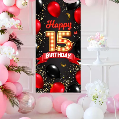 Vista 7 de Cartel de feliz cumpleaños número 15 rojo y negro, globos de fondo para decoración temática para niñas y mujeres, princesas de 15 años, suministros