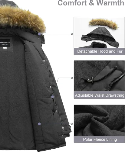 Vista 3 de CREATMO US Abrigo de invierno para mujer, talla grande, impermeable, largo, acolchado, cálido, militar, grueso, parka con capucha de piel