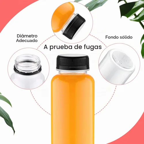 Vista 3 de Tanlade - Paquete de 200 botellas de plástico para jugo con tapas reutilizables, 8 onzas, color negro Empty PET Drink Containers, Leak-proof Lids
