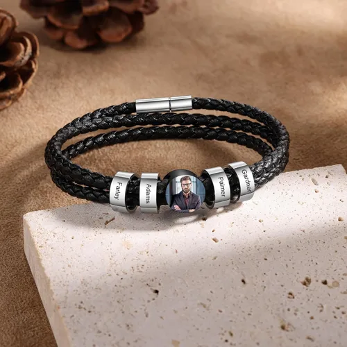 Vista 6 de Pulsera de cuero personalizada para hombre, con foto grabada personalizada, 1-6 nombres, cuentas para hombre, pulseras para padre, placa de nombre
