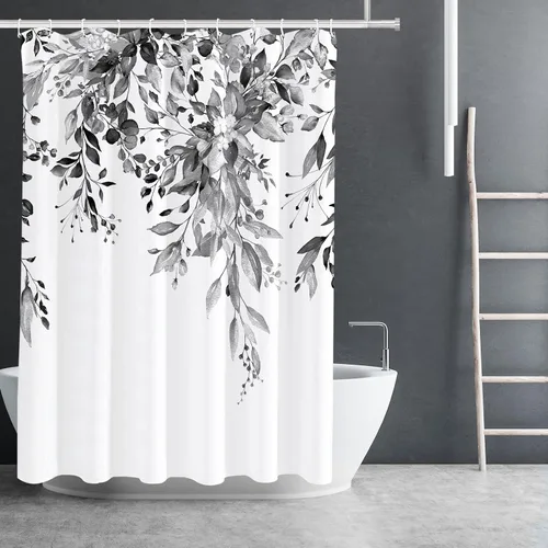 Vista 2 de Tititex - Juego de cortinas de ducha de eucalipto negro, hojas de acuarela gris en la parte superior, con decoración floral de baño, 60 x 72