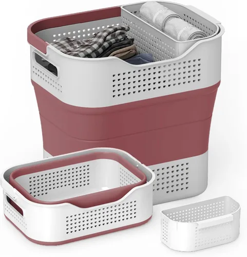 Vista 12 de TECHMILLY - Canasta plegable de plástico para la ropa sucia con asas, cesto portátil de 35L de goma, contenedor/organizador desplegable con cesta