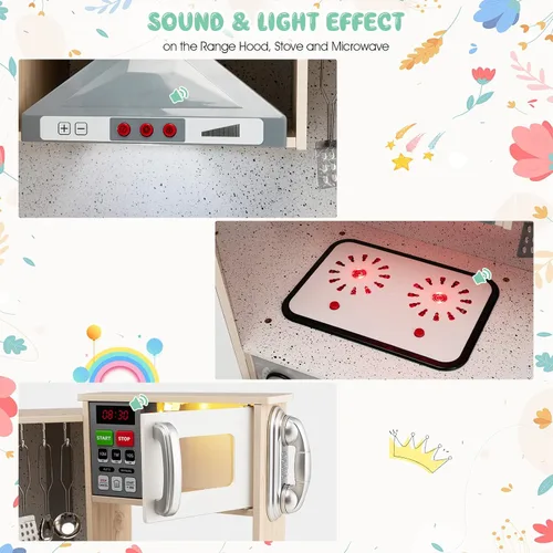 Vista 5 de Costzon Juego de cocina para niños, cocina de juego de simulación de madera 9 en 1 con luz y sonido realistas, máquina de hielo, lavadora