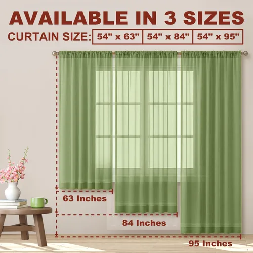 Vista 5 de YHSF Cortinas traslúcidas – Juego de 2 paneles para decoración del hogar – Elegantes cortinas de gasa sólida con bolsillo para barra para Verde