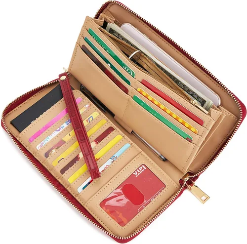 Vista 2 de WOZEAH - Cartera de piel sintética con cremallera y bloqueo RFID para mujer, ideal para viajar